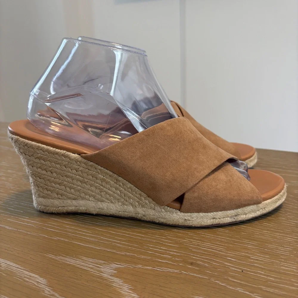 J.Crew Womens Tan Suede Crisscross Espadrille Wedge Sandals‎ Peep Toe Slide 9.5